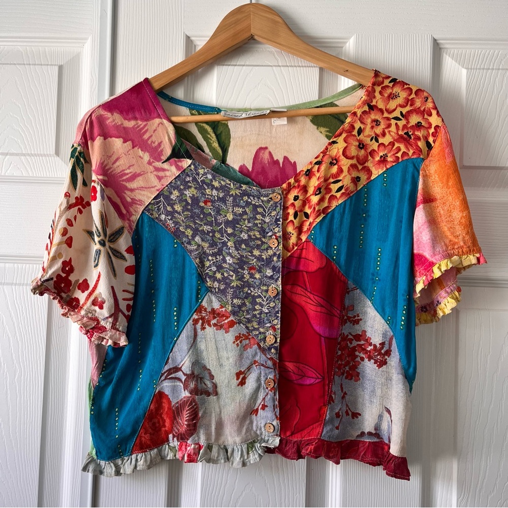 Small Sacred Threads Patchwork Button Down Crop T… - image 1